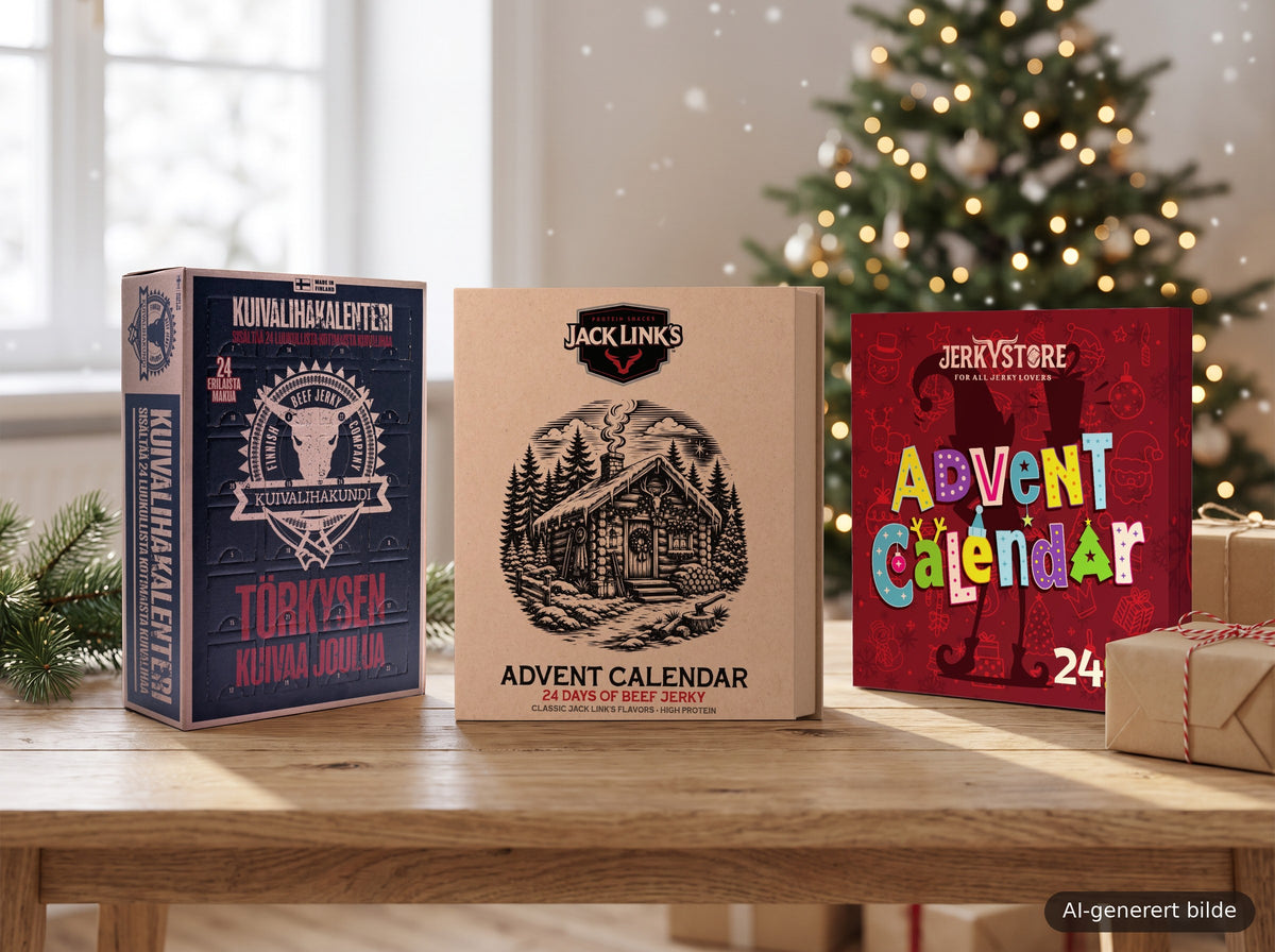 Julekalendere fra Kuivalihakundi, Jack Link's og Jerky Store på et trebord foran et juletre