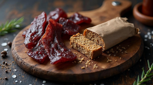 Biff jerky og proteinbar ved siden av hverandre på en treskjærebrett — to høyproteinsnacks som sammenlignes