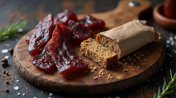 Biff jerky og proteinbar ved siden av hverandre på en treskjærebrett — to høyproteinsnacks som sammenlignes