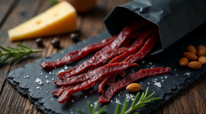Keto jerky-strimler og biltong fra matt svart pose med hard ost, mandler og rosmarin paa moerk skifer - lavkarbo og sukkerfri beef jerky snack