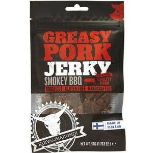 Kuivalihakundi Greasy Pork Jerky Røkt BBQ, finsk svinejerky