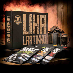 Kuivalihakundi The Meat Box, svart gaveeske med åtte poser jerky