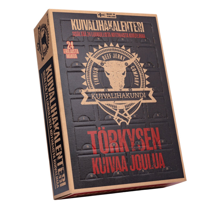 Kuivalihakundi Jerky julekalender sett på skrå på hvit bakgrunn, med forsiden og sidepanelet synlig