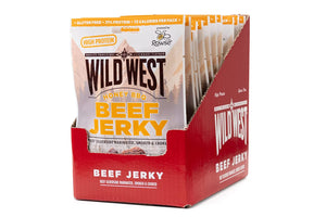 Wild West Beef Jerky Honning og BBQ i displayeske fylt med poser