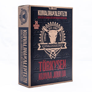 Kuivalihakundi Jerky julekalender stående på hvit bakgrunn, med tekst på sidepanelet og 24 luker