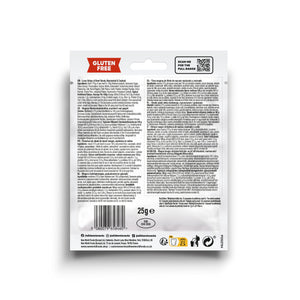 Wild West Beef Jerky Sterk og Krydret, baksiden av posen med ingredienser og næringsinnhold