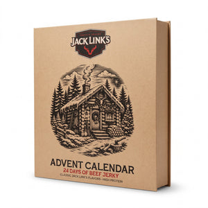 Jack Link's julekalender stående på skrå på hvit bakgrunn, med forsiden og kanten synlig