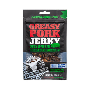 Kuivalihakundi Greasy Pork Jerky Røkt Eple-BBQ, finsk svinejerky med eple
