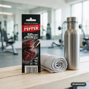 Biff Bar Jerky Beef Bar Pepper 25g i bruk