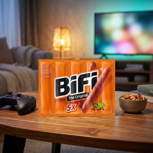 BiFi Original på stuebordet en kveld, med spillkontroll og en liten skål, AI-generert bilde