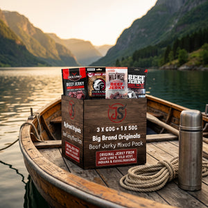 Big Brand Originals Beef Jerky Mixed Pack på dekket av en liten båt på fjorden, med tau og termos i kveldssol, AI-generert bilde