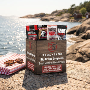 Big Brand Originals Beef Jerky Mixed Pack på et svaberg ved sjøen, med håndkle og solbriller, AI-generert bilde