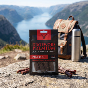 Biltong Premium Piri Piri Ølpølse (Droëwors) på en stein ved en fjellsti høyt over fjorden, med ryggsekk og termos, AI-generert bilde
