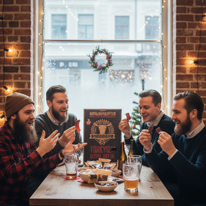 Fire venner ler over Kuivalihakundi Jerky julekalender ved vinduet på en snødekt kafé