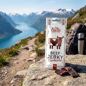 Fine Gusto Beef Jerky BBQ på en stein ved en fjellsti høyt over fjorden, med ryggsekk og termos, AI-generert bilde