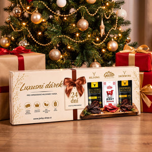 Fine Gusto Jerky Julekalender ved siden av innpakkede gaver under juletreet, KI-generert bilde