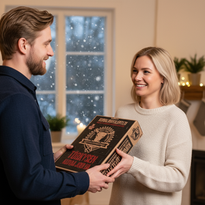 Mann gir Kuivalihakundi Jerky julekalender til en smilende kvinne ved et snødekt vindu