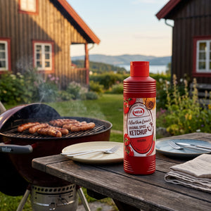 Hela Curry Ketchup Original på hagebordet ved grillen med pølser en sommerkveld, AI-generert bilde