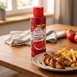 Hela Curry Ketchup Original ved en tallerken med oppskåret grillpølse, currysaus og pommes frites, AI-generert bilde