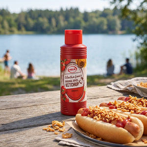 Hela Curry Ketchup Original på et piknikbord ved pølser i brød med ketchup og sprøstekt løk, AI-generert bilde