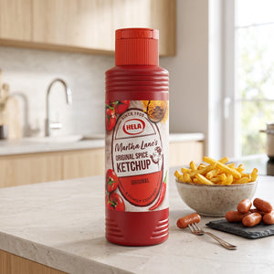 Hela Curry Ketchup Original på kjøkkenbenken ved en skål pommes frites og cocktailpølser, AI-generert bilde