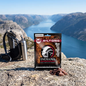 Indiana Biltong Original på en stein ved en fjellsti høyt over fjorden, med ryggsekk og termos, AI-generert bilde
