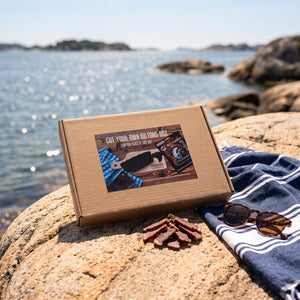 Indiana Biltong Filet sett med skjærebrett på et svaberg ved sjøen, med håndkle og solbriller, AI-generert bilde