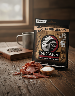 Indiana tørket svinefilet (Pork Jerky) Original på et trebord ved vinduet med kopp og jerkybiter, AI-generert bilde