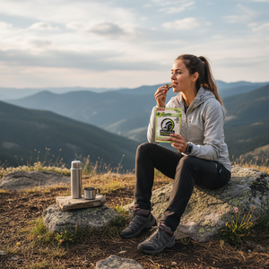 Kvinne på fjelltur spiser Indiana Vegansk Jerky Hot & Sweet med utsikt over dalen, AI-generert bilde