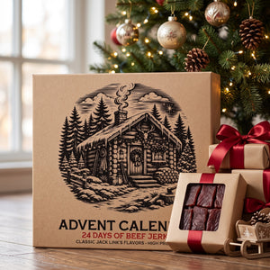 Jack Link's Beef Jerky Julekalender ved innpakkede gaver under juletreet, AI-generert bilde