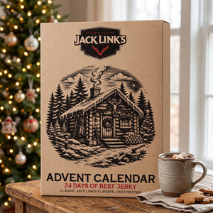 Jack Link's Beef Jerky Julekalender på et bord ved juletreet, med kakao og pepperkaker, AI-generert bilde