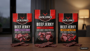 AI-generert bilde. Tre poser Jack Link's Beef Jerky, Original, Teriyaki og Sweet & Hot, på et mørkt trebord en høstkveld
