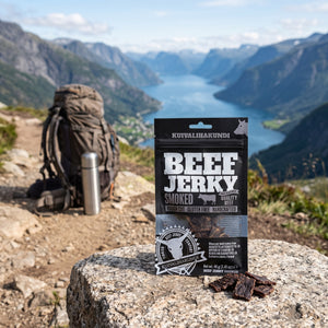 Kuivalihakundi Beef Jerky Røkt på en stein ved en fjellsti høyt over fjorden, med ryggsekk og termos, AI-generert bilde