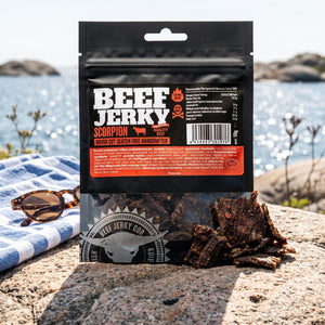 Kuivalihakundi Beef Jerky Scorpion på et svaberg ved sjøen, med håndkle og solbriller, AI-generert bilde
