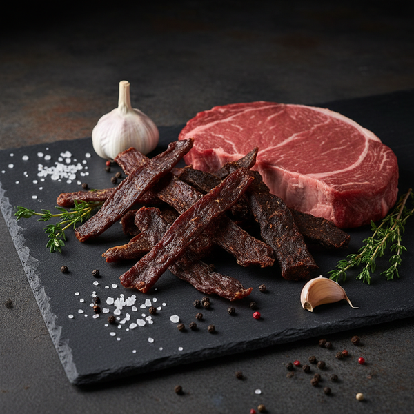 Tørket biff og biltong med rå råvarer, havsalt, pepper, hvitløk og timian på skifer