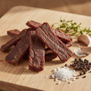 Beef jerky med enkle ingredienser: havsalt, sort pepper, hvitløk og timian