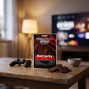 Meat Makers Beef Sweet Chilli Gourmet på stuebordet en kveld, med spillkontroll og en liten skål, AI-generert bilde