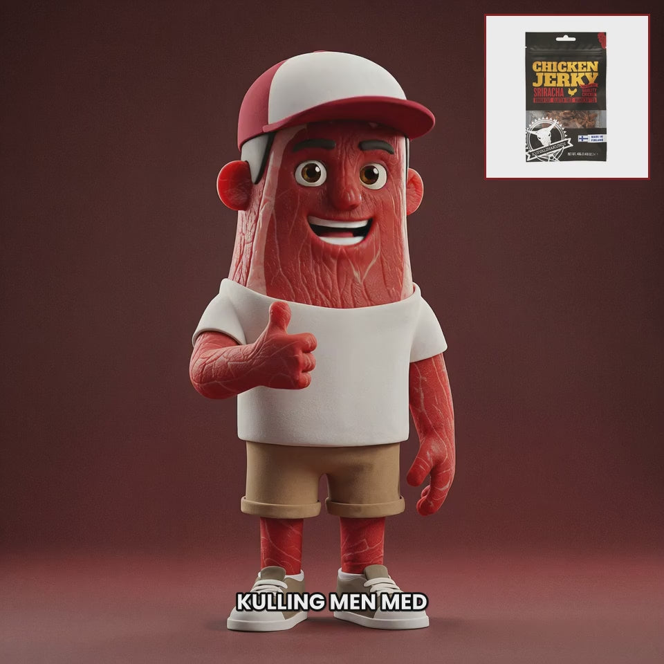 Chuck mascot kuivalihakundi-chicken-jerky-sriracha NO