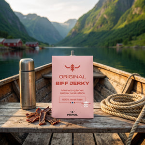 Primal Original Norsk Beef Jerky på dekket av en liten båt på fjorden, med tau og termos i kveldssol, AI-generert bilde