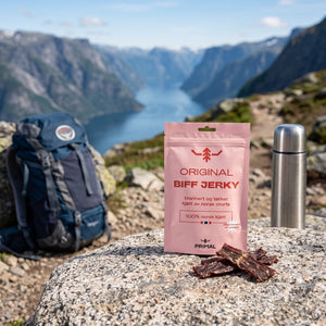 Primal Original Norsk Beef Jerky på en stein ved en fjellsti høyt over fjorden, med ryggsekk og termos, AI-generert bilde