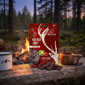 Renjer Hjort Jerky med Chili & Lime på en stokk ved bålet i furuskogen i skumringen, med emaljekopp og kuksa, AI-generert bilde