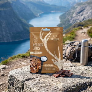 Renjer Hjort Jerky med Sjøsalt på en stein ved en fjellsti høyt over fjorden, med ryggsekk og termos, AI-generert bilde