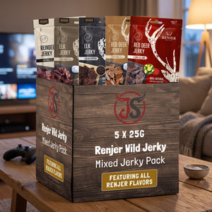 Renjer Tasting - 5 Pack på stuebordet en kveld, med spillkontroll og en liten skål, AI-generert bilde