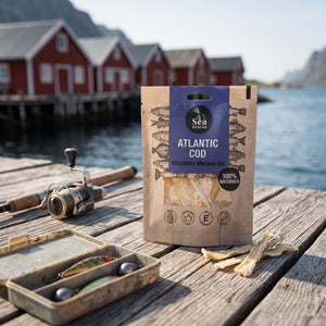 Sea Snacks tørket torsk fra Atlanterhavet på en brygge i et fiskevær, med fiskestang og redskapsboks, AI-generert bilde
