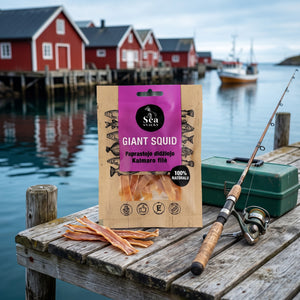 Sea Snacks tørket blekksprut på en brygge i et fiskevær, med fiskestang og redskapsboks, AI-generert bilde