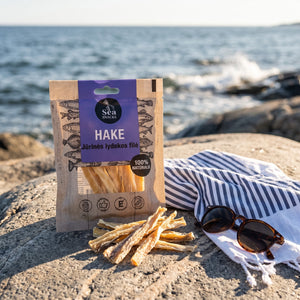 Sea Snacks tørket lysing på et svaberg ved sjøen, med håndkle og solbriller, AI-generert bilde