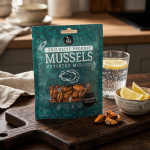 Sea Snacks tørket blåskjell på en mørk fjøl med sitronbåter og et glass farris, AI-generert bilde