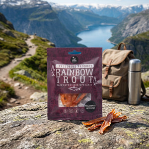 Sea Snacks tørket filet av regnbueørret på en stein ved en fjellsti høyt over fjorden, med ryggsekk og termos, AI-generert bilde