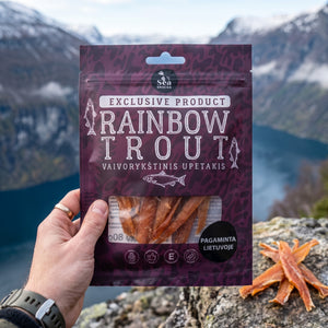 Hånd som holder Sea Snacks tørket filet av regnbueørret foran et fjordlandskap, AI-generert bilde
