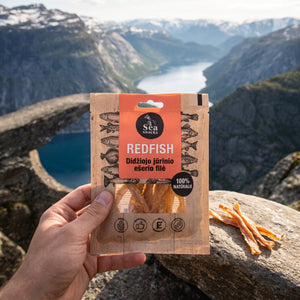 Hånd som holder Sea Snacks tørket rødfisk fra Nord-Atlanteren foran et fjordlandskap, AI-generert bilde